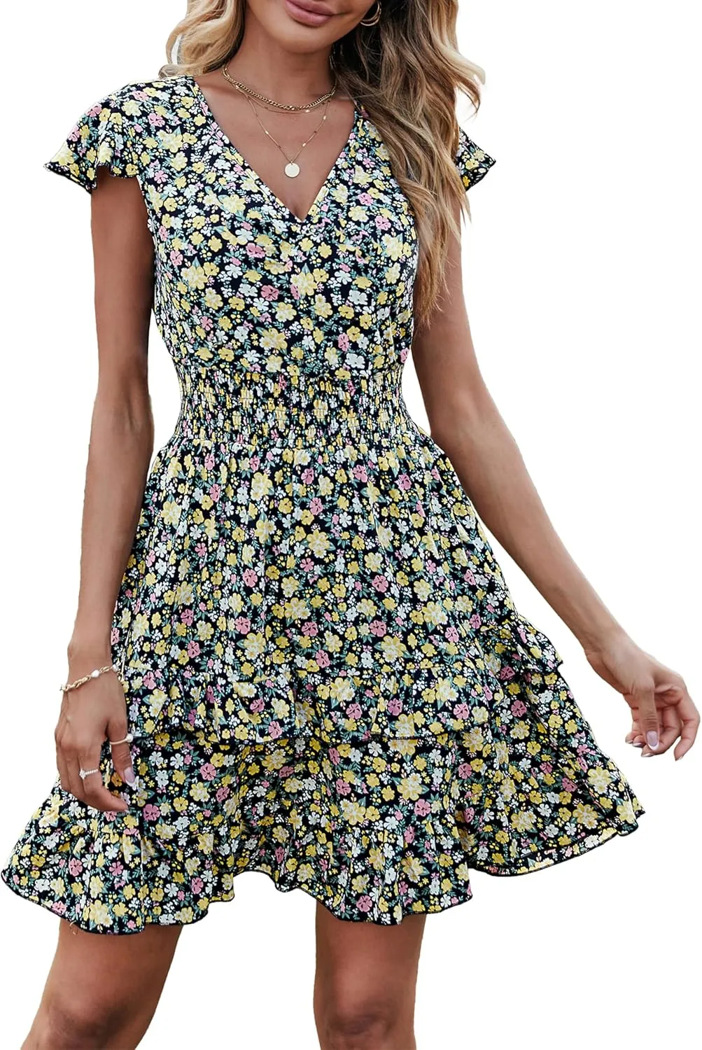 PRETTYGARDEN Womens Summer Mini Dresses Boho Floral Ruffle Cap Sleeve Tiered Dress Smocked Waist A Line Beach Short Sundress
