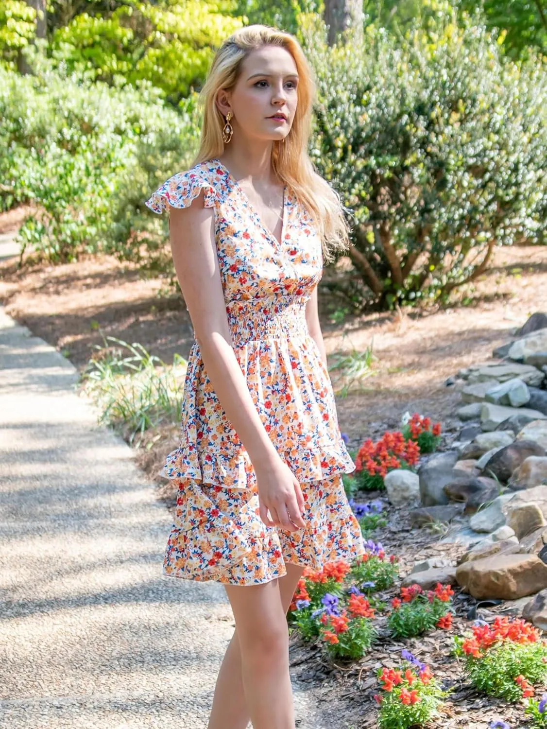PRETTYGARDEN Womens Summer Mini Dresses Boho Floral Ruffle Cap Sleeve Tiered Dress Smocked Waist A Line Beach Short Sundress