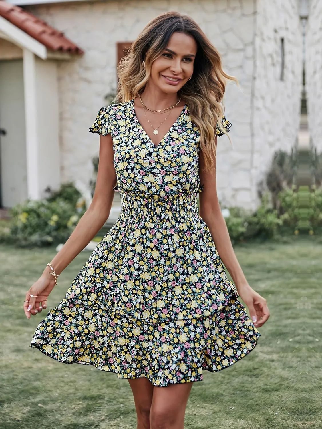 PRETTYGARDEN Womens Summer Mini Dresses Boho Floral Ruffle Cap Sleeve Tiered Dress Smocked Waist A Line Beach Short Sundress