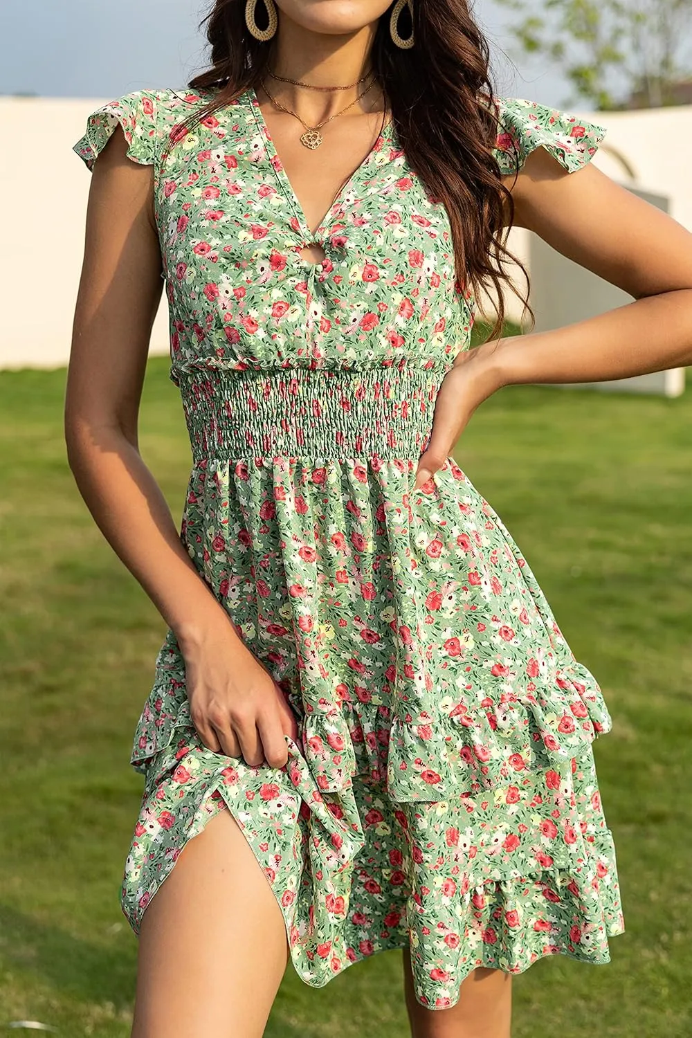 PRETTYGARDEN Womens Summer Mini Dresses Boho Floral Ruffle Cap Sleeve Tiered Dress Smocked Waist A Line Beach Short Sundress