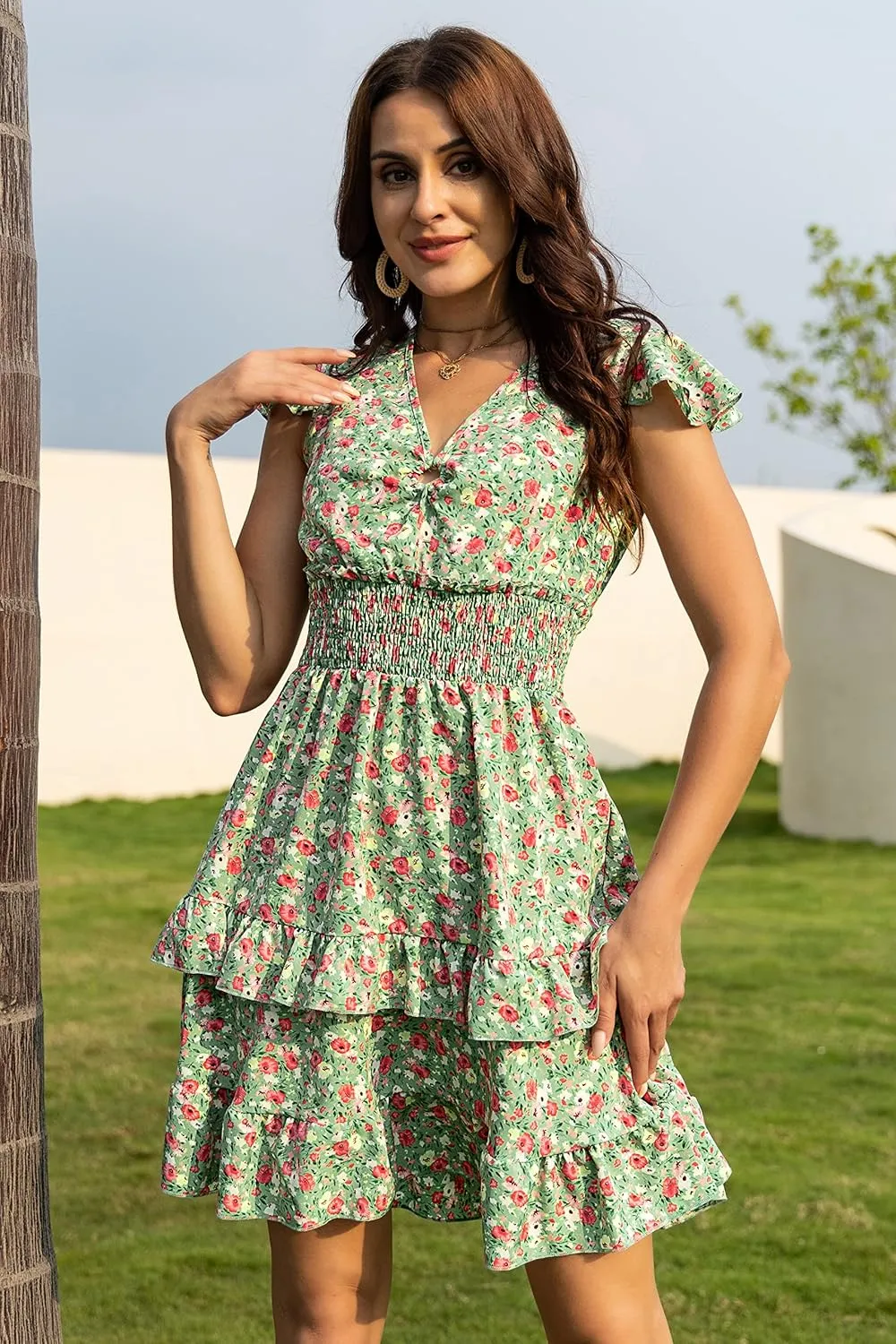 PRETTYGARDEN Womens Summer Mini Dresses Boho Floral Ruffle Cap Sleeve Tiered Dress Smocked Waist A Line Beach Short Sundress