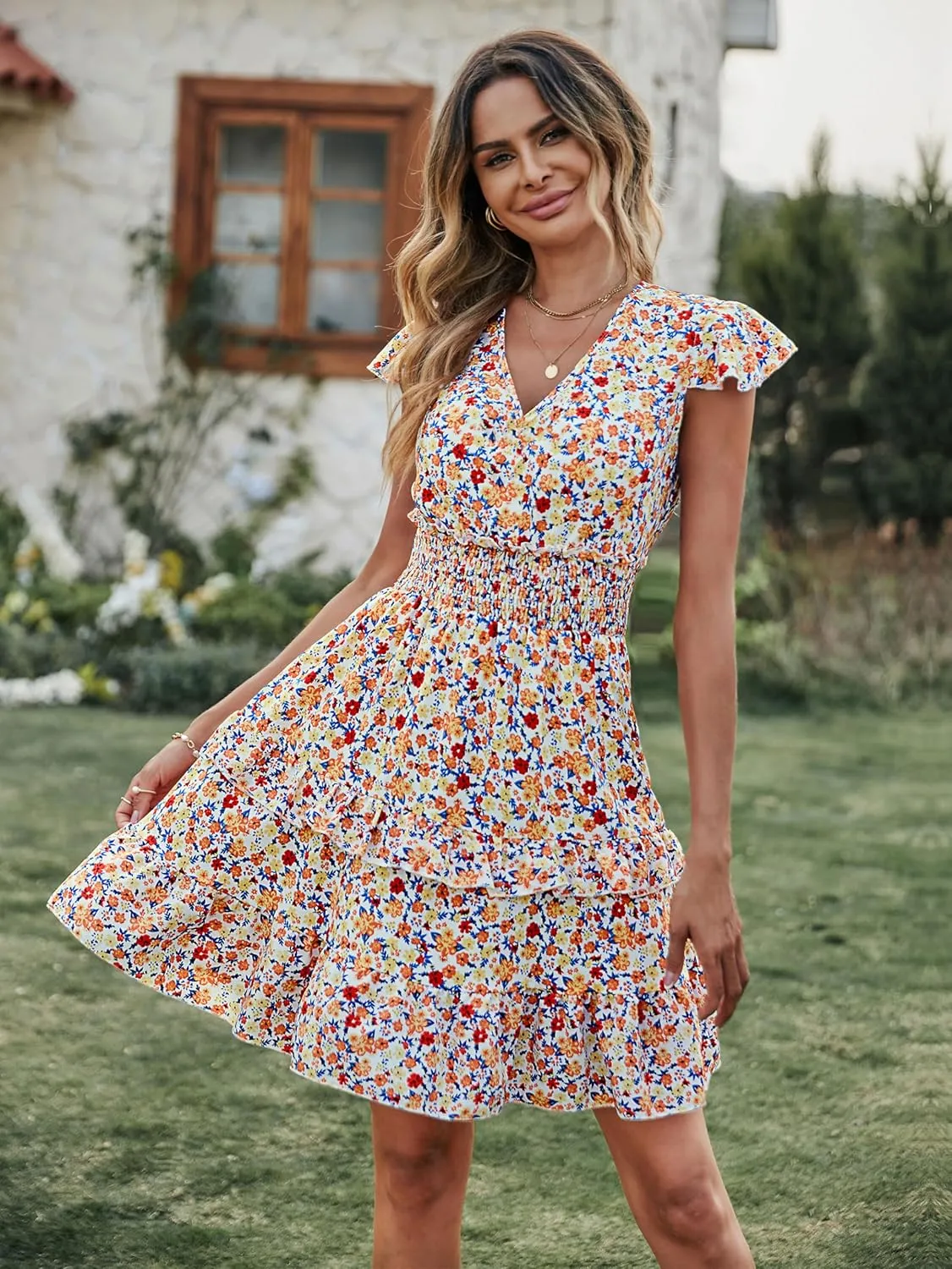 PRETTYGARDEN Womens Summer Mini Dresses Boho Floral Ruffle Cap Sleeve Tiered Dress Smocked Waist A Line Beach Short Sundress