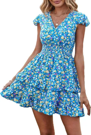 PRETTYGARDEN Womens Summer Mini Dresses Boho Floral Ruffle Cap Sleeve Tiered Dress Smocked Waist A Line Beach Short Sundress