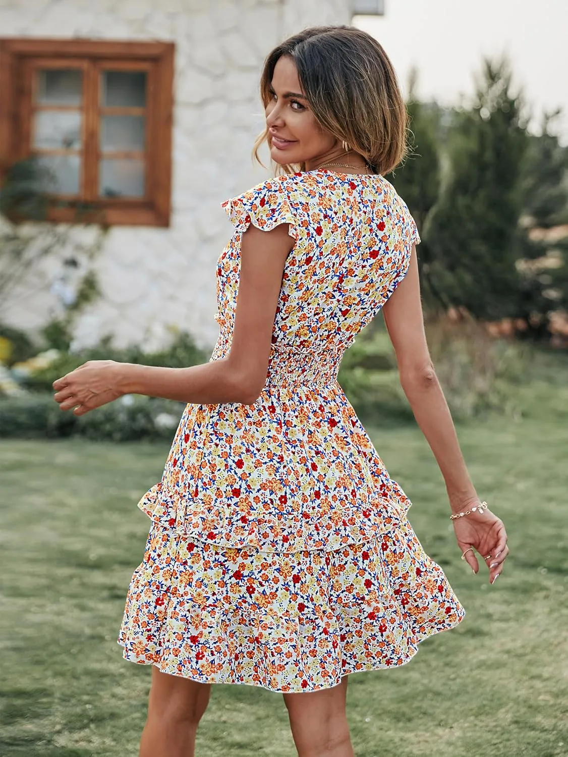 PRETTYGARDEN Womens Summer Mini Dresses Boho Floral Ruffle Cap Sleeve Tiered Dress Smocked Waist A Line Beach Short Sundress
