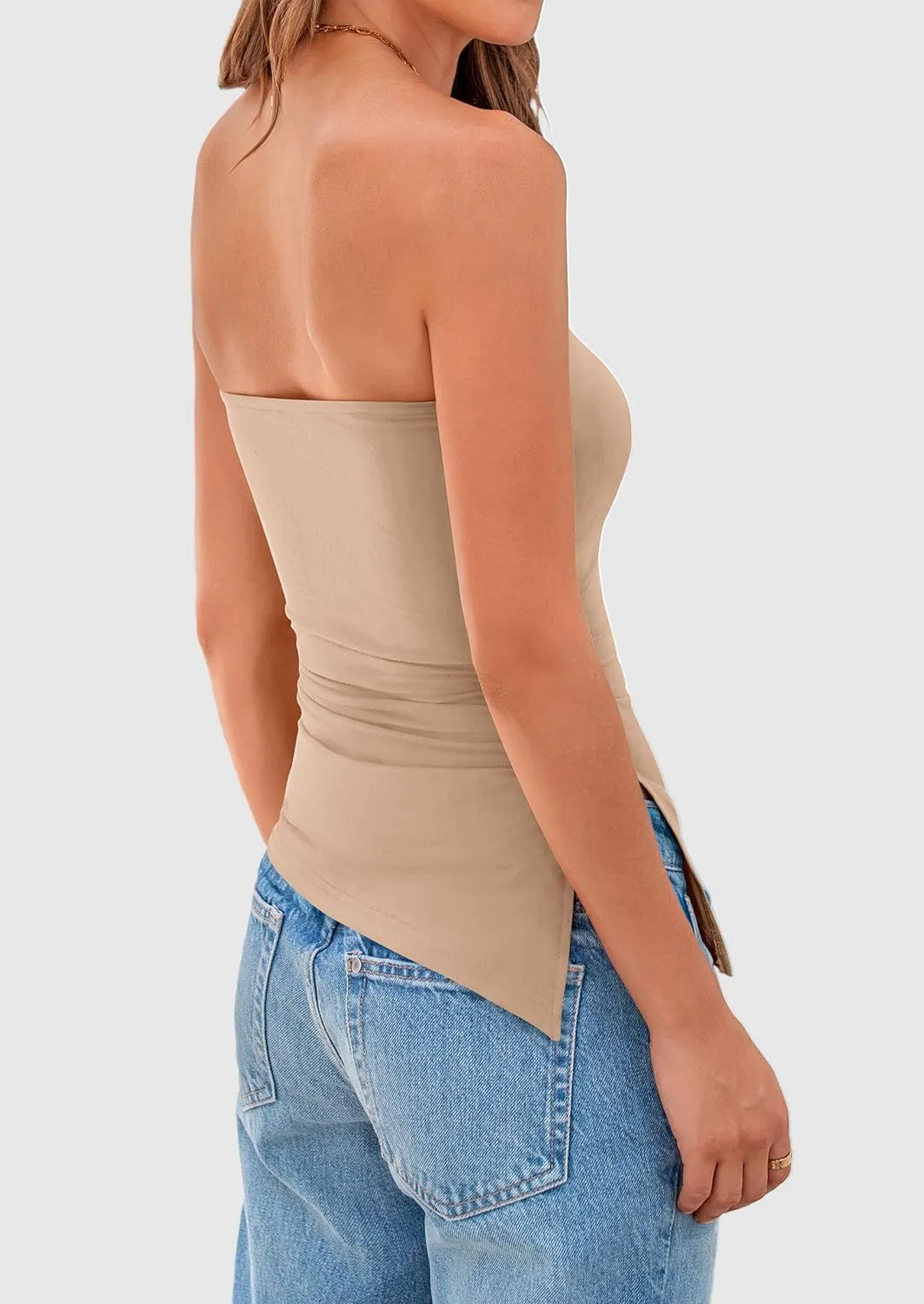 PRETTYGARDEN Womens Summer Tube Tops 2025 Trendy Strapless Ruched Going Out Tops Outfits Asymmetrical Bandeau Shirts