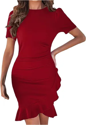 PTOLOCIF Cocktail Dresses for Women Elegant Bodycon Midi Dress Short Sleeve Ruffle Hem Ruched Dresses Wedding Guest Dresses