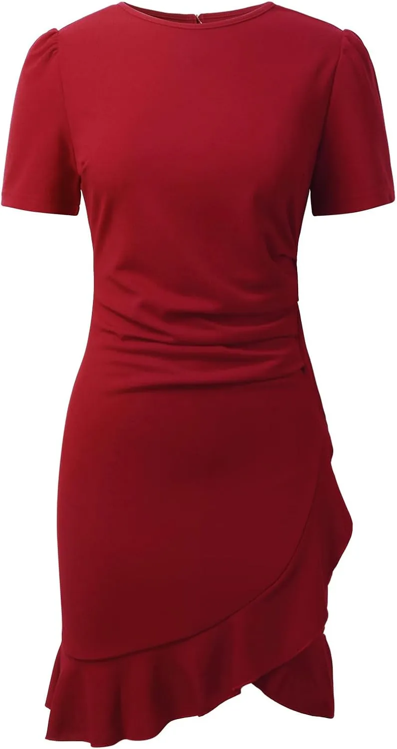 PTOLOCIF Cocktail Dresses for Women Elegant Bodycon Midi Dress Short Sleeve Ruffle Hem Ruched Dresses Wedding Guest Dresses