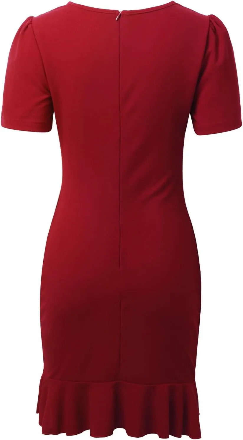 PTOLOCIF Cocktail Dresses for Women Elegant Bodycon Midi Dress Short Sleeve Ruffle Hem Ruched Dresses Wedding Guest Dresses