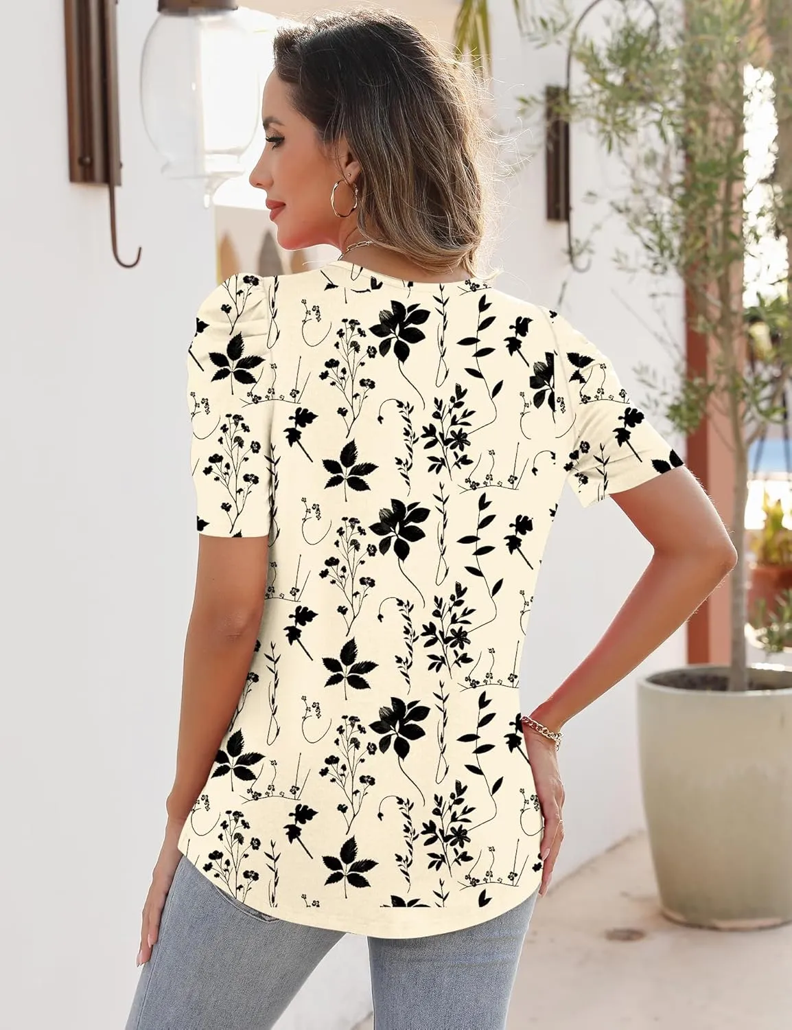 Rapbin Womens Summer Tops 2025 Puff Short Sleeve V Neck T Shirts Dressy Casual Spring Blouses for Women
