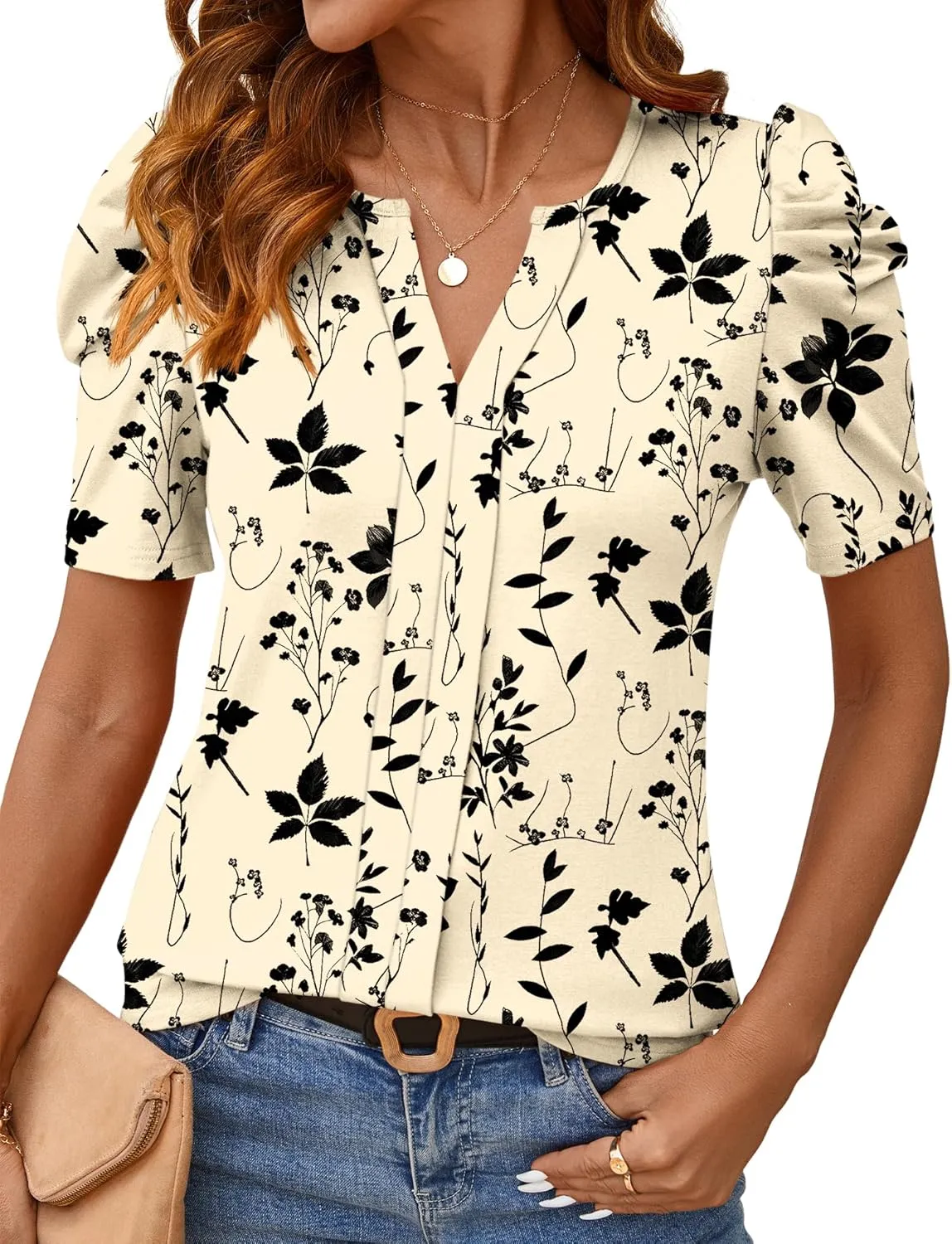 Rapbin Womens Summer Tops 2025 Puff Short Sleeve V Neck T Shirts Dressy Casual Spring Blouses for Women