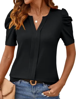 Rapbin Womens Summer Tops 2025 Puff Short Sleeve V Neck T Shirts Dressy Casual Spring Blouses for Women