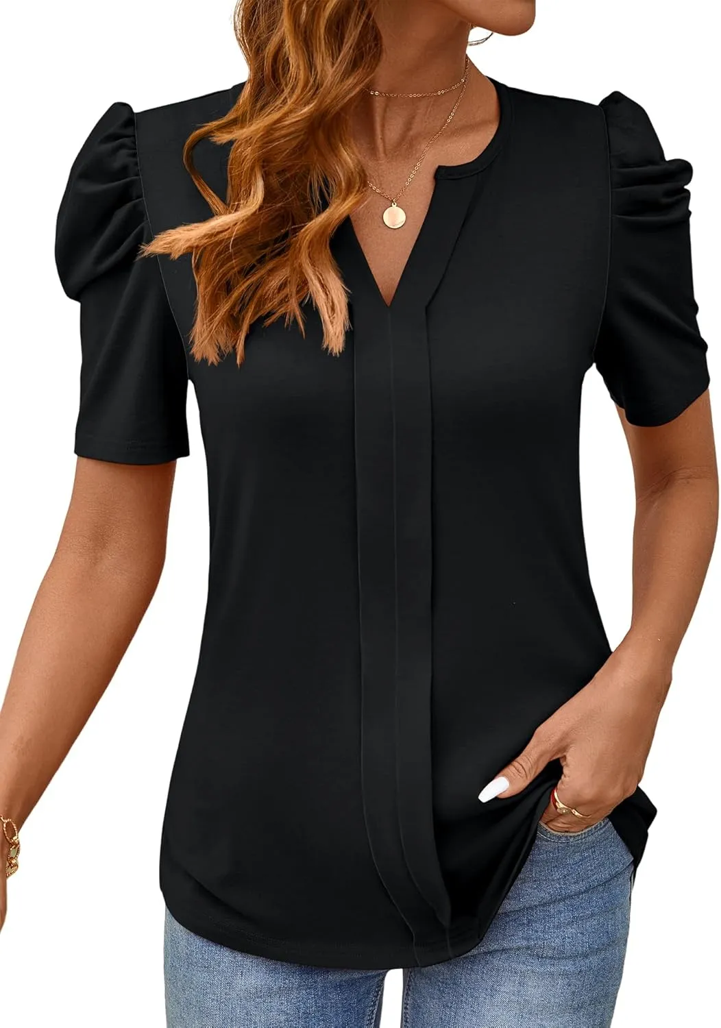 Rapbin Womens Summer Tops 2025 Puff Short Sleeve V Neck T Shirts Dressy Casual Spring Blouses for Women