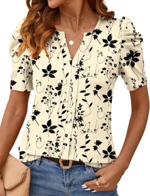 Rapbin Womens Summer Tops 2025 Puff Short Sleeve V Neck T Shirts Dressy Casual Spring Blouses for Women