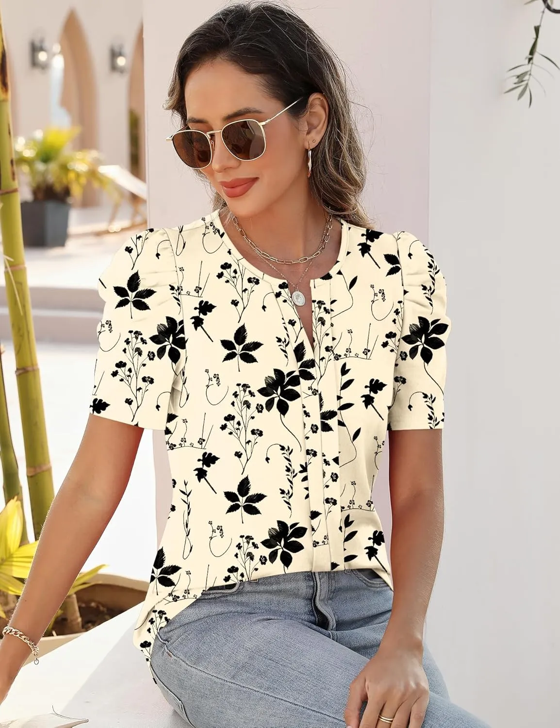 Rapbin Womens Summer Tops 2025 Puff Short Sleeve V Neck T Shirts Dressy Casual Spring Blouses for Women