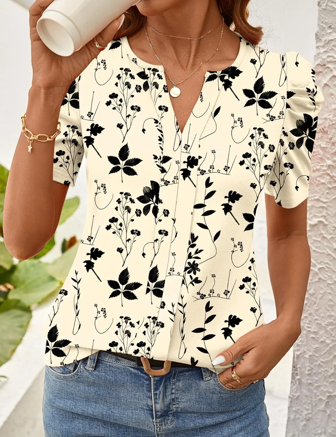 Rapbin Womens Summer Tops 2025 Puff Short Sleeve V Neck T Shirts Dressy Casual Spring Blouses for Women