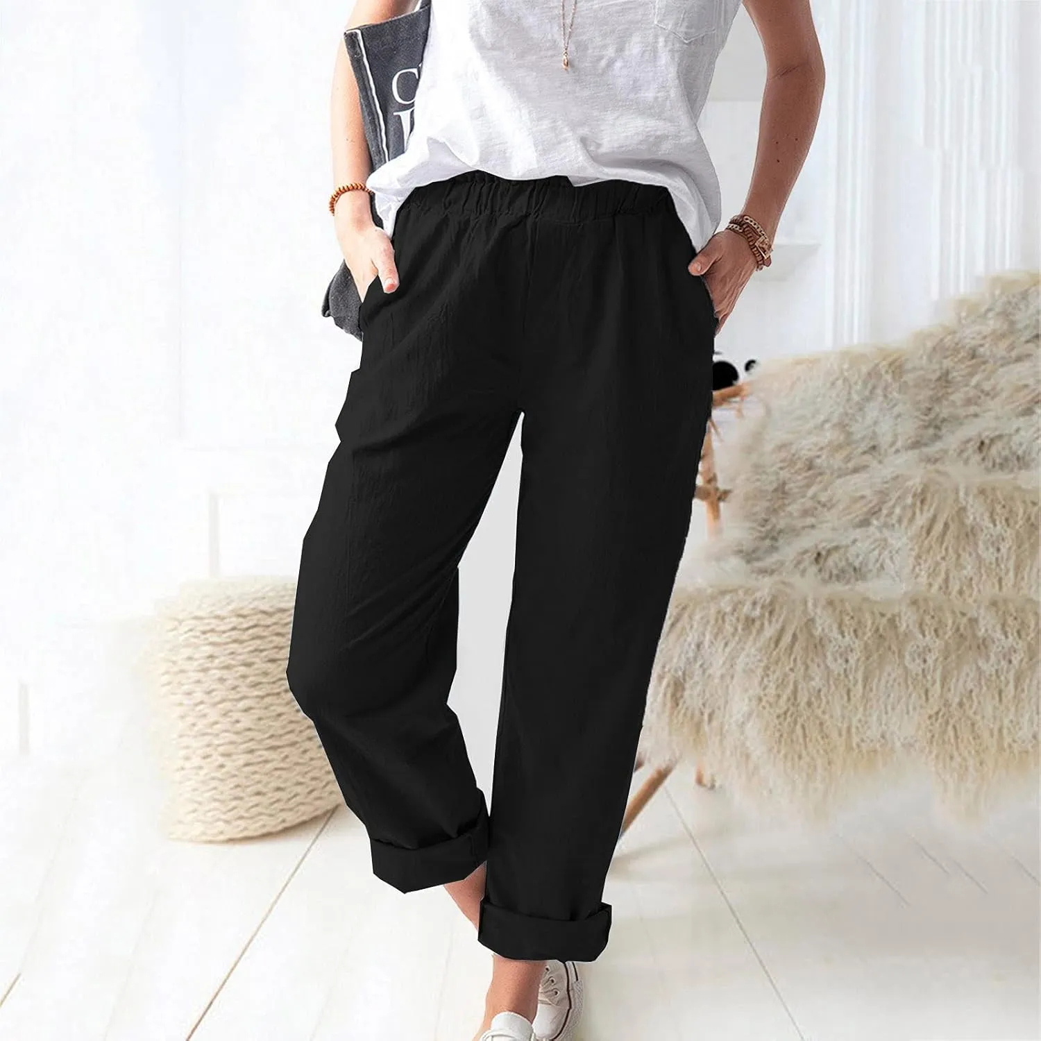 Relaxed Linen Joggers Women's Elastic Waist Wide Leg Straight Pants Summer Outdoor Loose Fit Capris Yoga Trousers