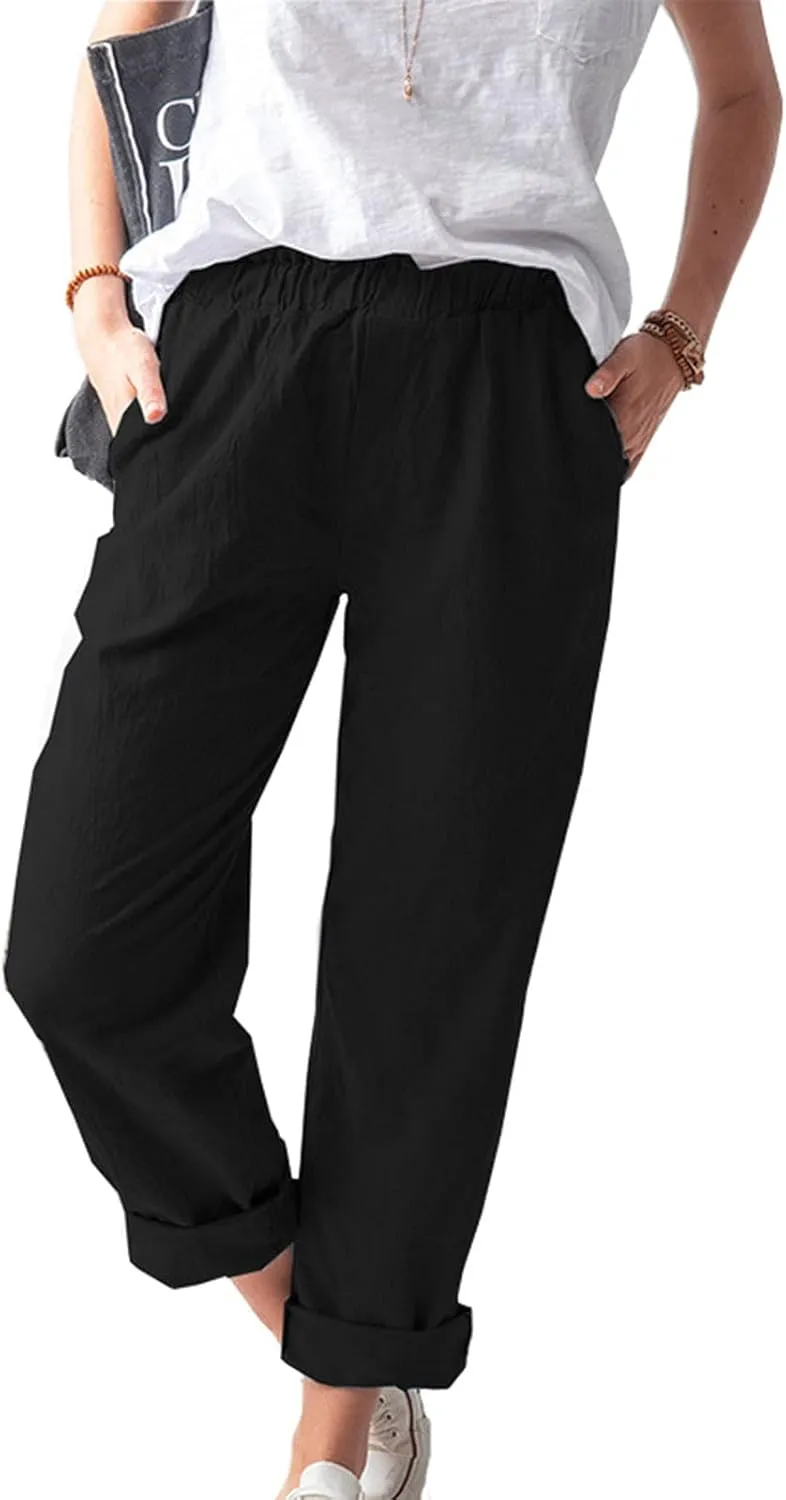 Relaxed Linen Joggers Women's Elastic Waist Wide Leg Straight Pants Summer Outdoor Loose Fit Capris Yoga Trousers