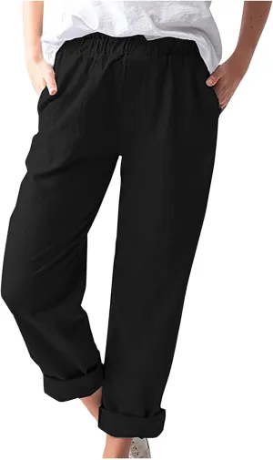 Relaxed Linen Joggers Women's Elastic Waist Wide Leg Straight Pants Summer Outdoor Loose Fit Capris Yoga Trousers