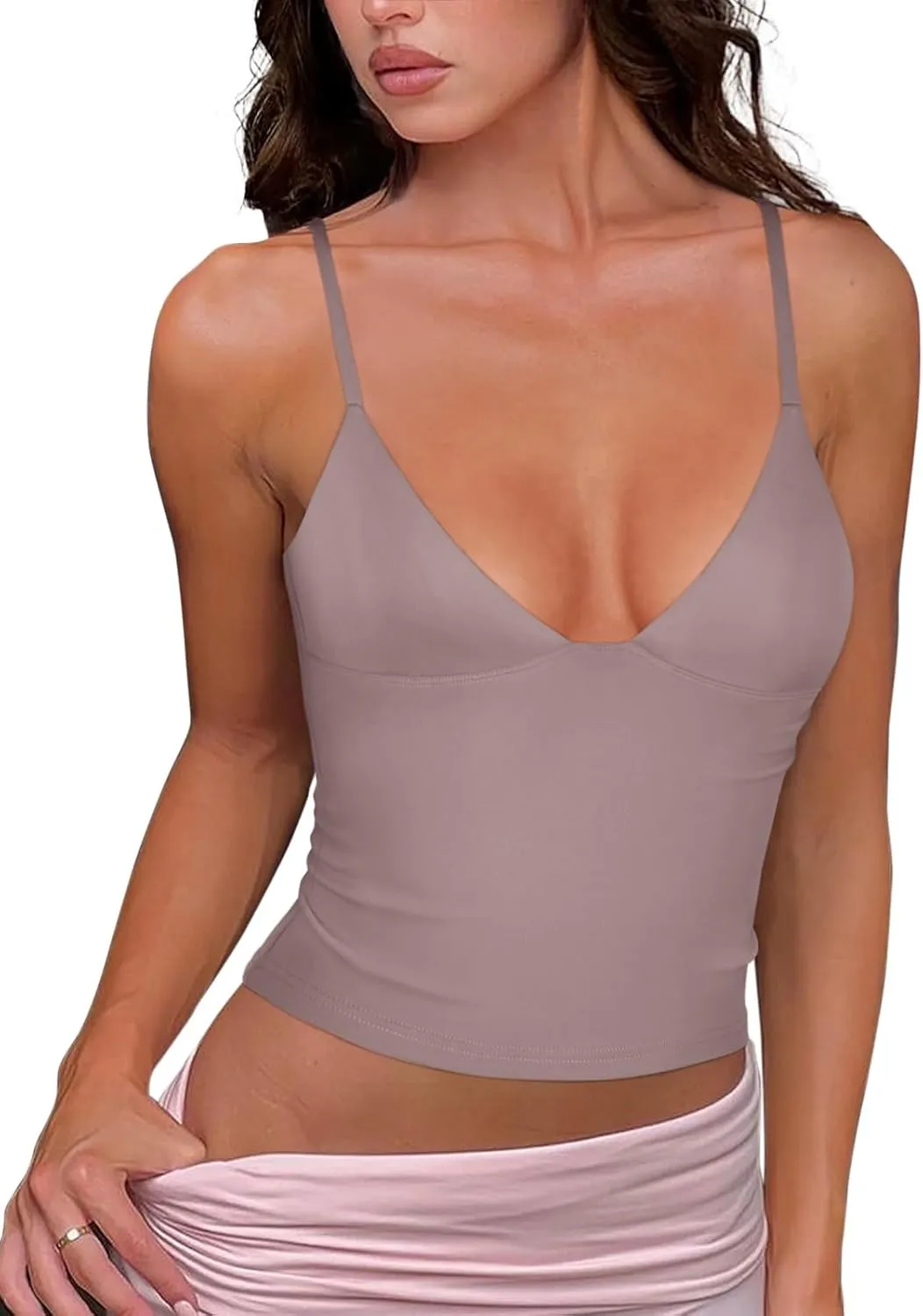 REORIA Butsmooth Womens Sexy V-Neck Sleeveless Double Lined Going Out Y2K Trendy Cami Shirt Cropped Tank Tops