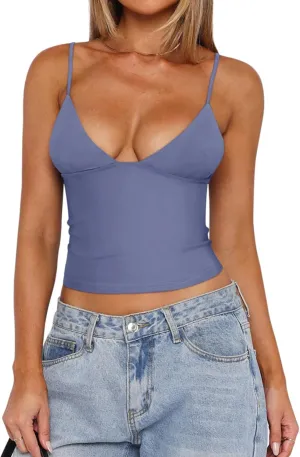 REORIA Butsmooth Womens Sexy V-Neck Sleeveless Double Lined Going Out Y2K Trendy Cami Shirt Cropped Tank Tops