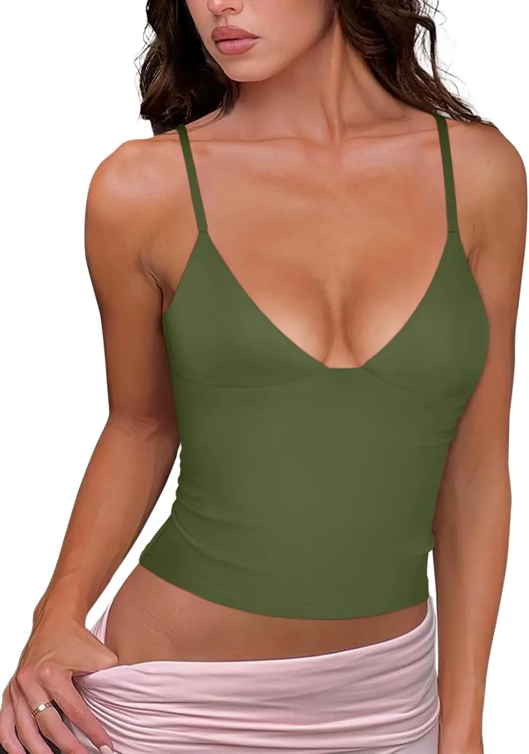 REORIA Butsmooth Womens Sexy V-Neck Sleeveless Double Lined Going Out Y2K Trendy Cami Shirt Cropped Tank Tops