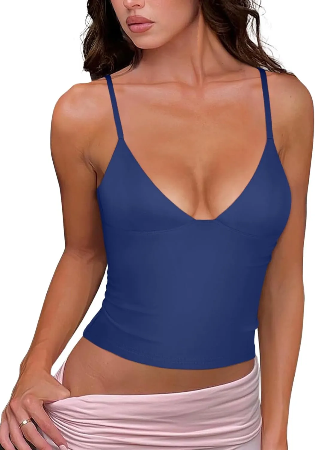 REORIA Butsmooth Womens Sexy V-Neck Sleeveless Double Lined Going Out Y2K Trendy Cami Shirt Cropped Tank Tops