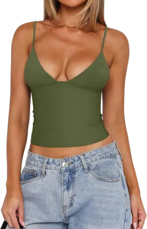 REORIA Butsmooth Womens Sexy V-Neck Sleeveless Double Lined Going Out Y2K Trendy Cami Shirt Cropped Tank Tops