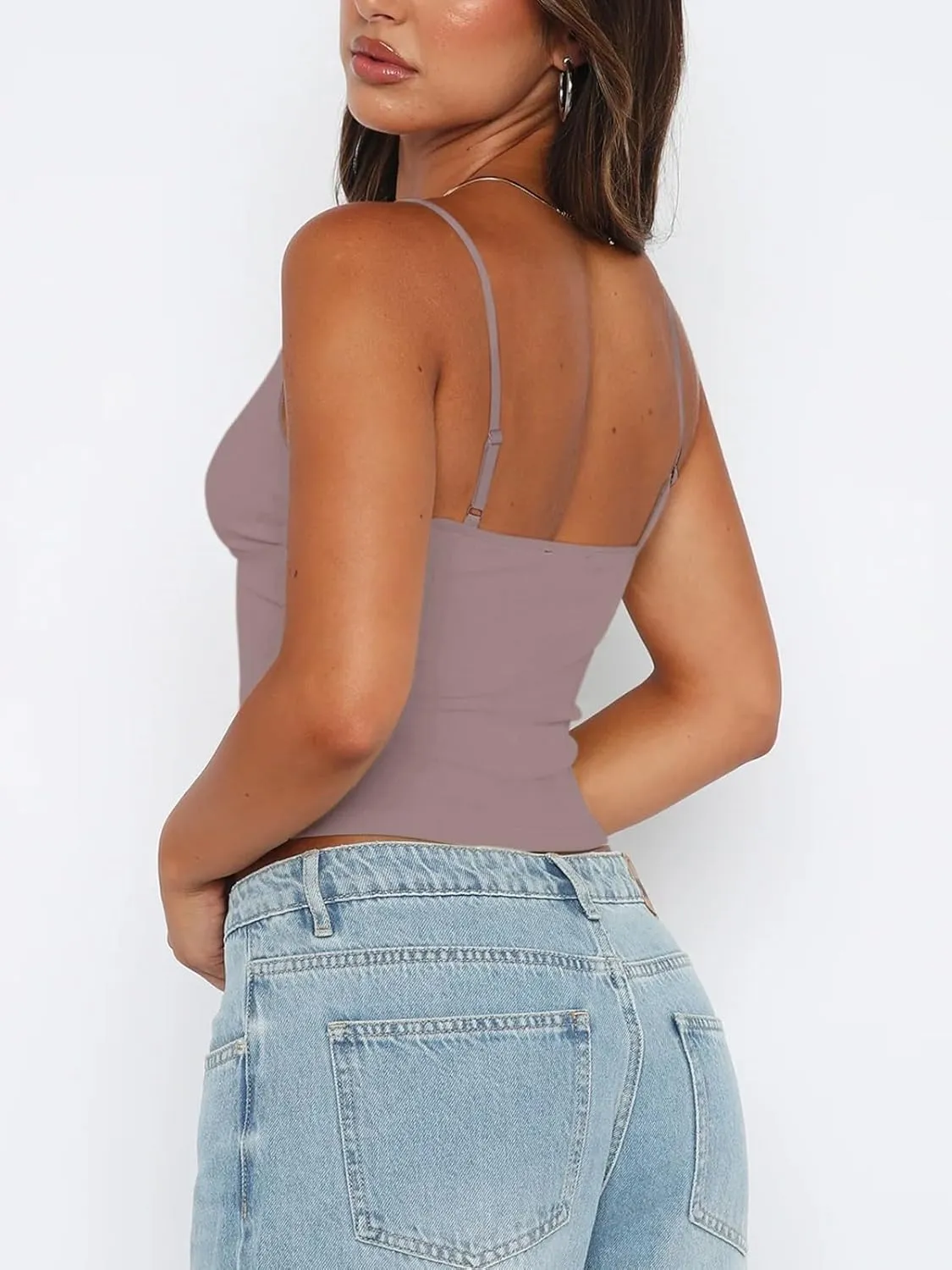 REORIA Butsmooth Womens Sexy V-Neck Sleeveless Double Lined Going Out Y2K Trendy Cami Shirt Cropped Tank Tops