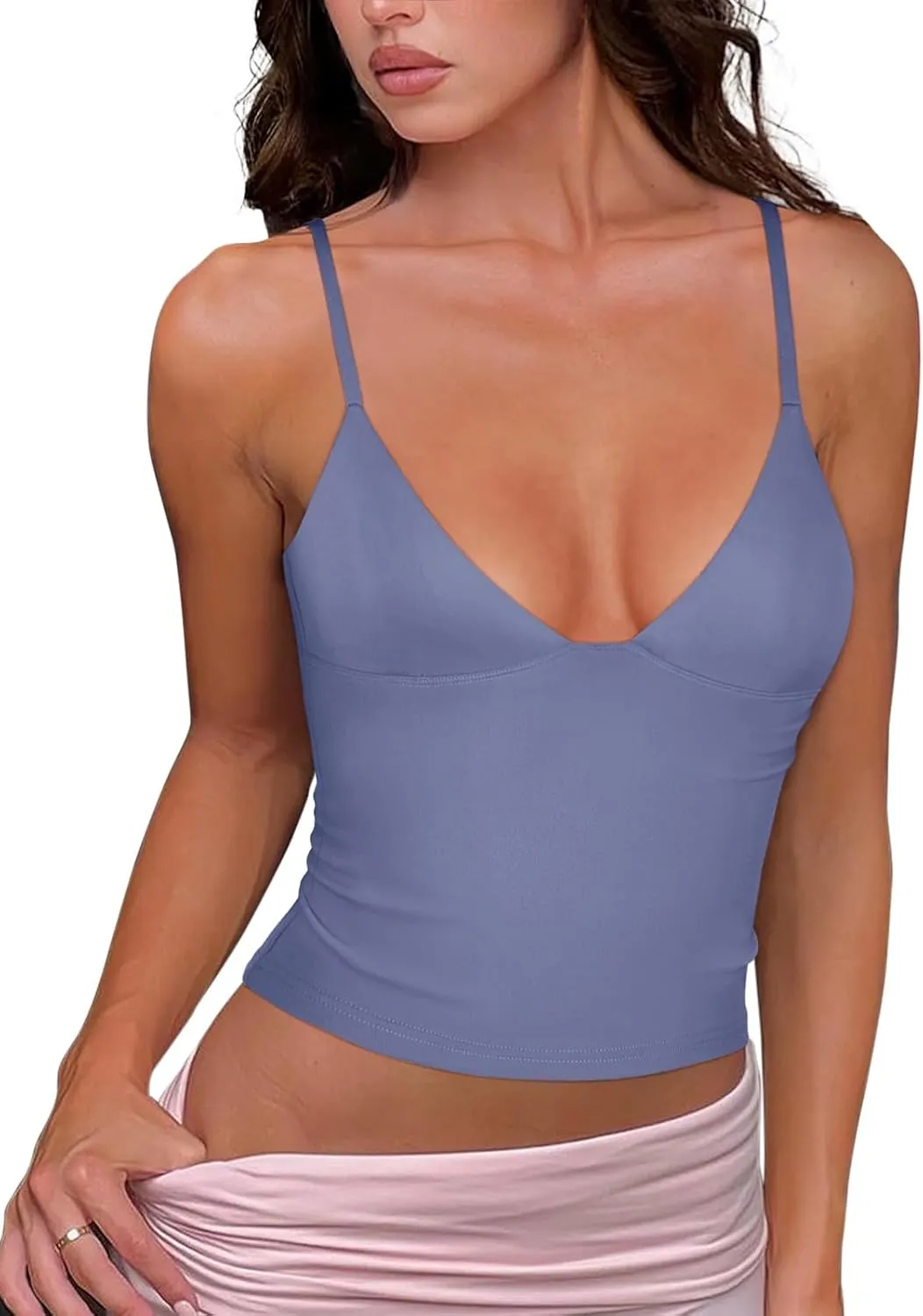 REORIA Butsmooth Womens Sexy V-Neck Sleeveless Double Lined Going Out Y2K Trendy Cami Shirt Cropped Tank Tops