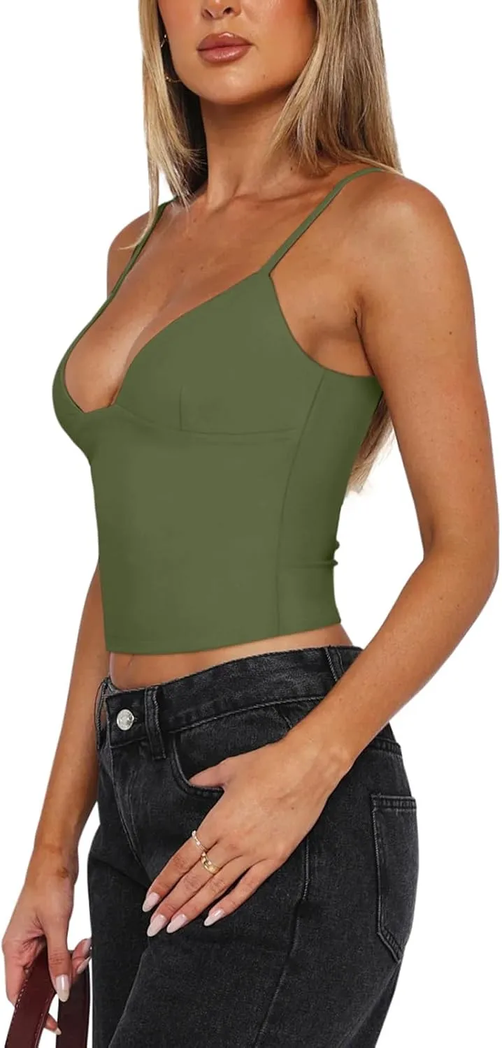 REORIA Butsmooth Womens Sexy V-Neck Sleeveless Double Lined Going Out Y2K Trendy Cami Shirt Cropped Tank Tops