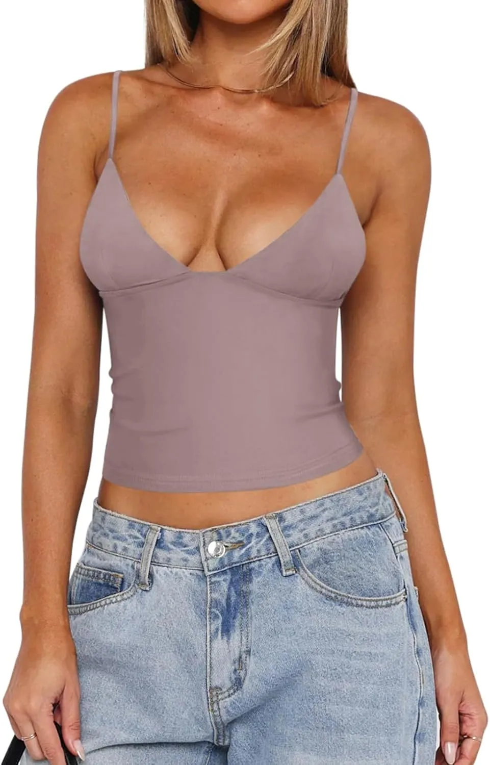 REORIA Butsmooth Womens Sexy V-Neck Sleeveless Double Lined Going Out Y2K Trendy Cami Shirt Cropped Tank Tops