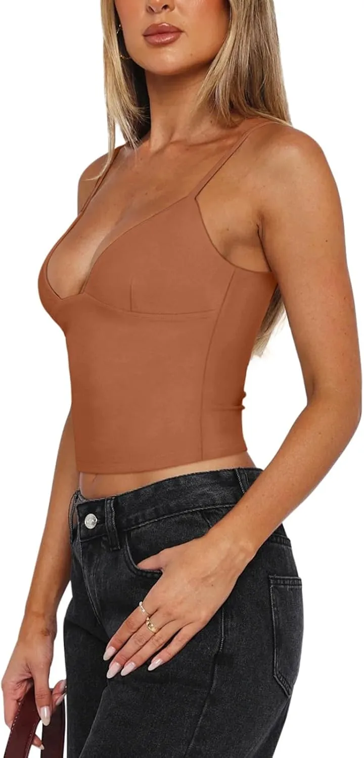 REORIA Butsmooth Womens Sexy V-Neck Sleeveless Double Lined Going Out Y2K Trendy Cami Shirt Cropped Tank Tops