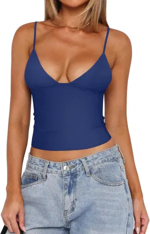 REORIA Butsmooth Womens Sexy V-Neck Sleeveless Double Lined Going Out Y2K Trendy Cami Shirt Cropped Tank Tops