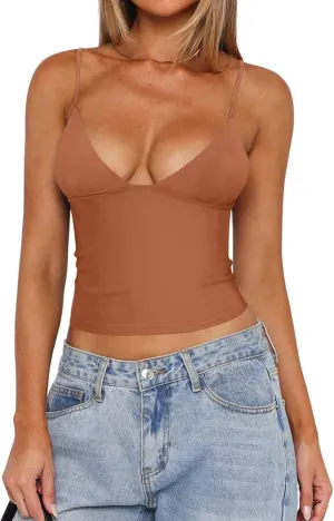 REORIA Butsmooth Womens Sexy V-Neck Sleeveless Double Lined Going Out Y2K Trendy Cami Shirt Cropped Tank Tops