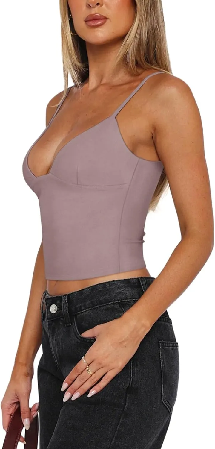 REORIA Butsmooth Womens Sexy V-Neck Sleeveless Double Lined Going Out Y2K Trendy Cami Shirt Cropped Tank Tops