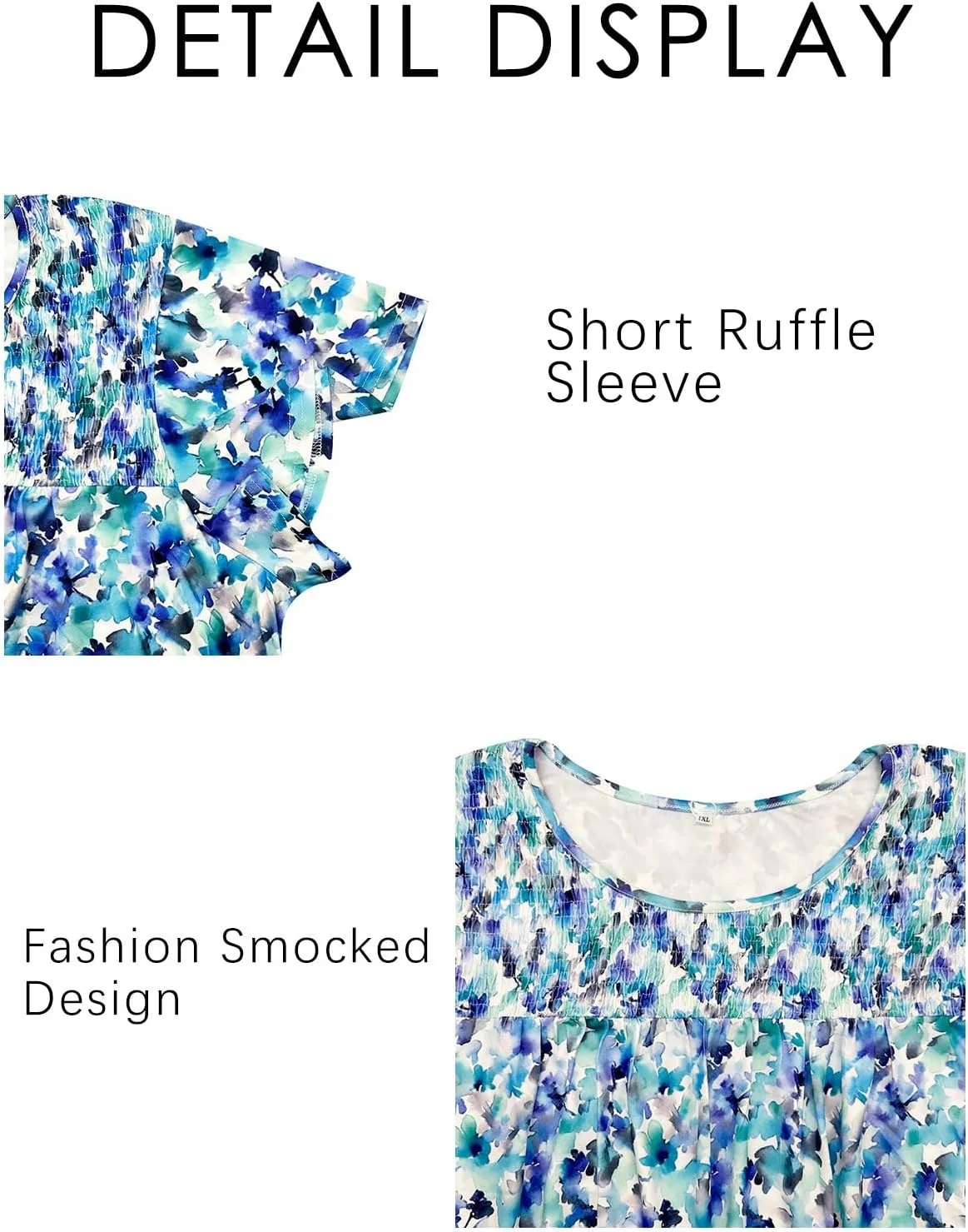 ROSRISS Plus Size Tops for Women Summer Short Ruffle Sleeve Shirts Casual Trendy Crew Neck Tees Loose Fit Smocked Blouses