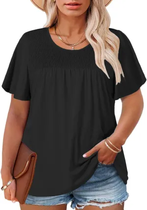 ROSRISS Plus Size Tops for Women Summer Short Ruffle Sleeve Shirts Casual Trendy Crew Neck Tees Loose Fit Smocked Blouses