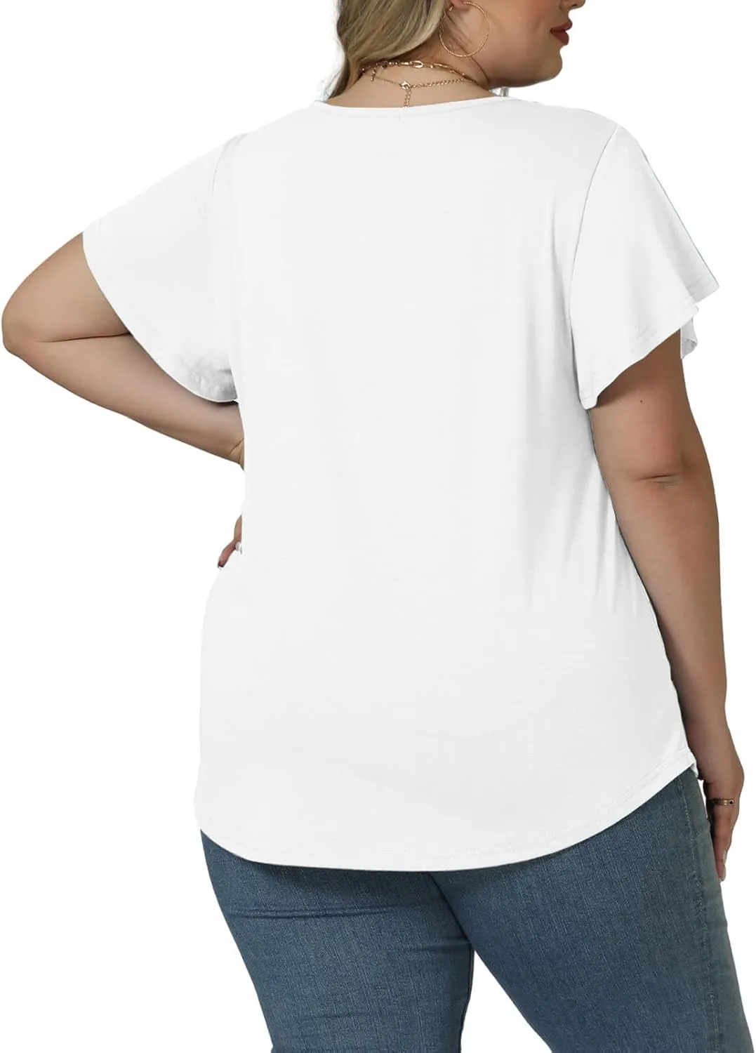 ROSRISS Plus Size Tops for Women Summer Short Ruffle Sleeve Shirts Casual Trendy Crew Neck Tees Loose Fit Smocked Blouses