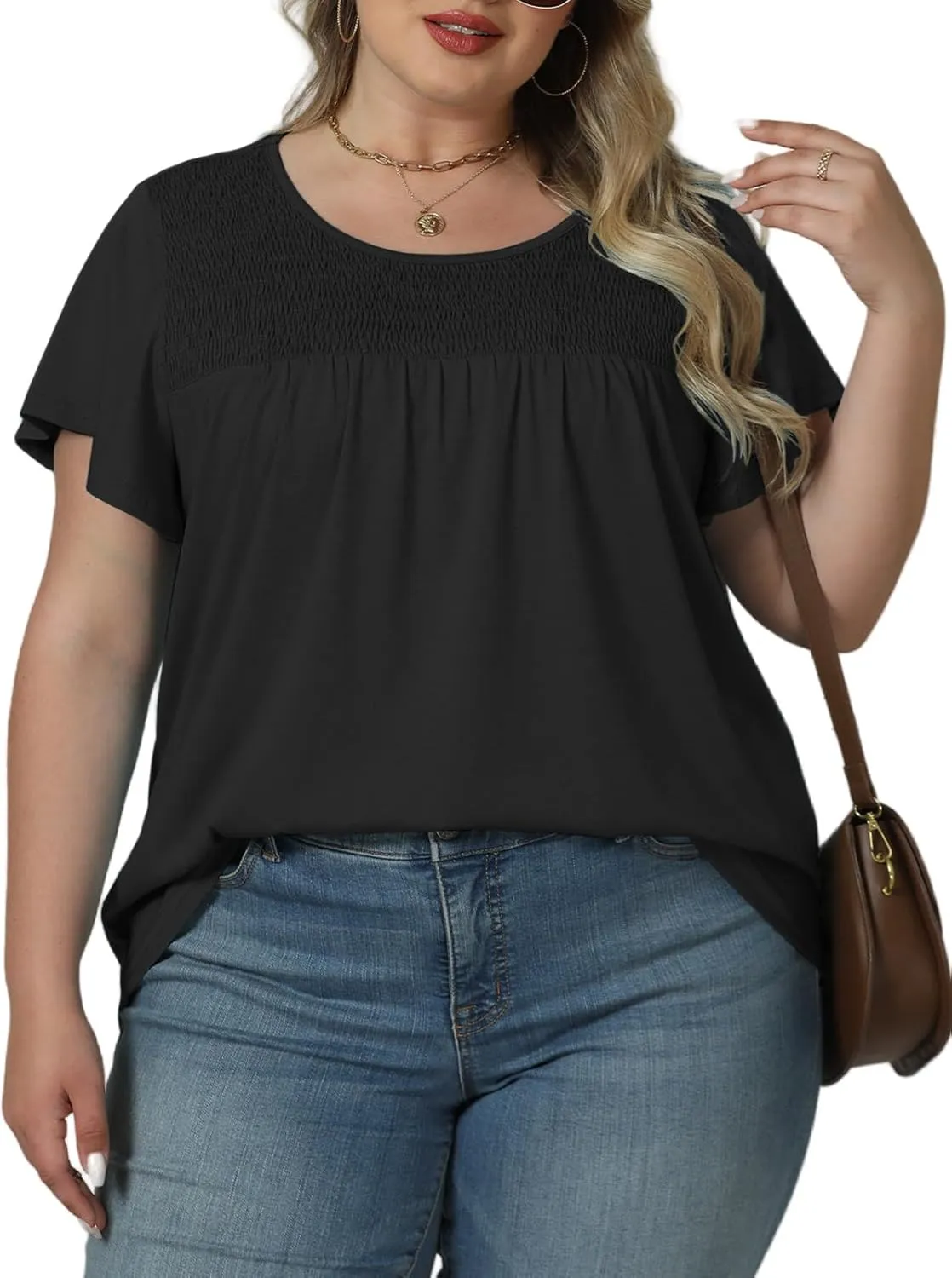 ROSRISS Plus Size Tops for Women Summer Short Ruffle Sleeve Shirts Casual Trendy Crew Neck Tees Loose Fit Smocked Blouses