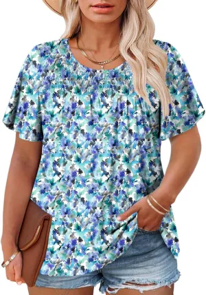 ROSRISS Plus Size Tops for Women Summer Short Ruffle Sleeve Shirts Casual Trendy Crew Neck Tees Loose Fit Smocked Blouses