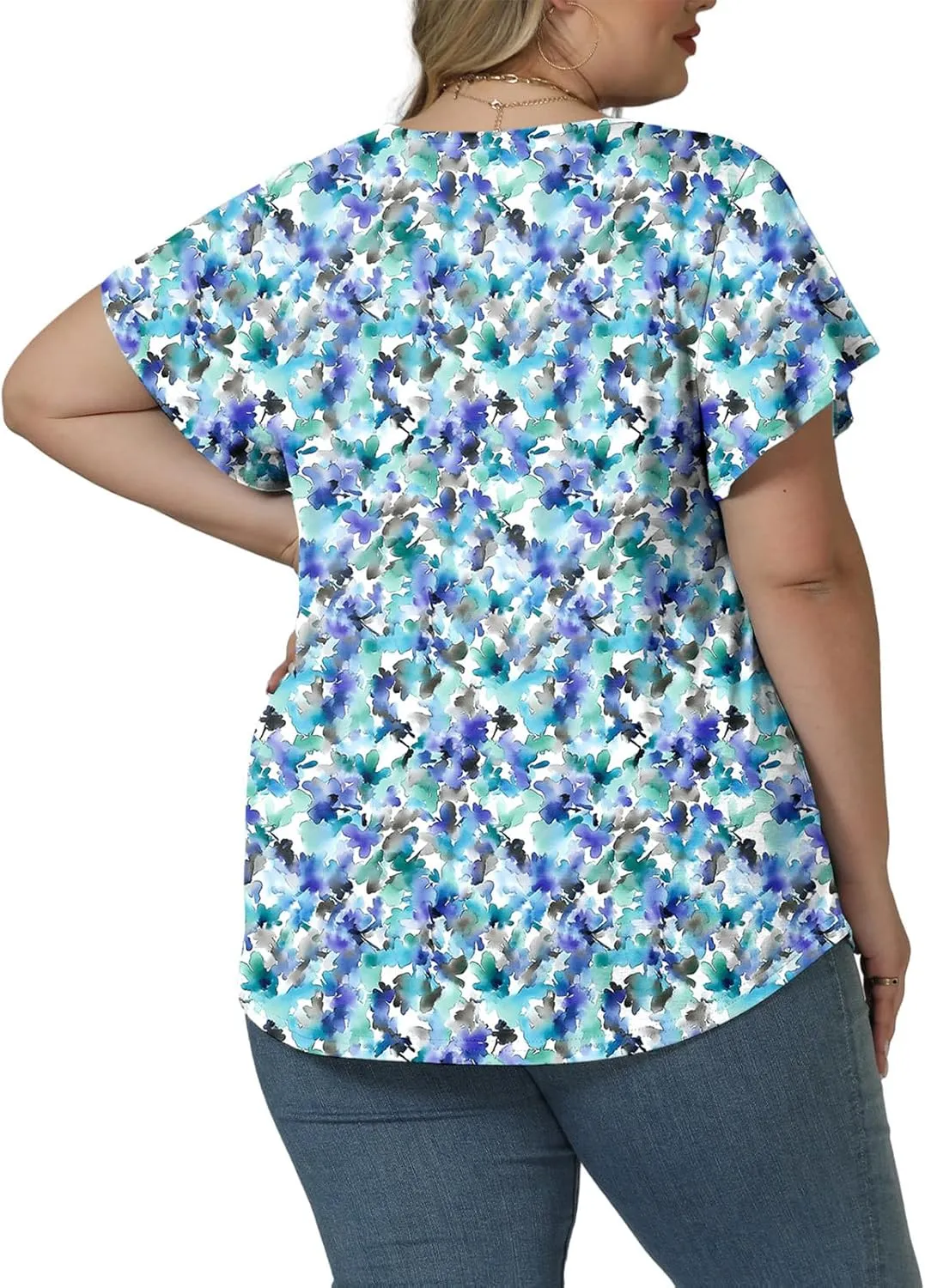 ROSRISS Plus Size Tops for Women Summer Short Ruffle Sleeve Shirts Casual Trendy Crew Neck Tees Loose Fit Smocked Blouses