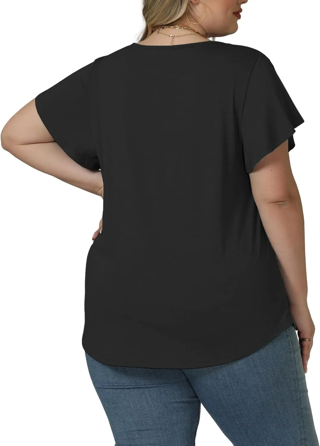 ROSRISS Plus Size Tops for Women Summer Short Ruffle Sleeve Shirts Casual Trendy Crew Neck Tees Loose Fit Smocked Blouses