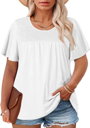 ROSRISS Plus Size Tops for Women Summer Short Ruffle Sleeve Shirts Casual Trendy Crew Neck Tees Loose Fit Smocked Blouses