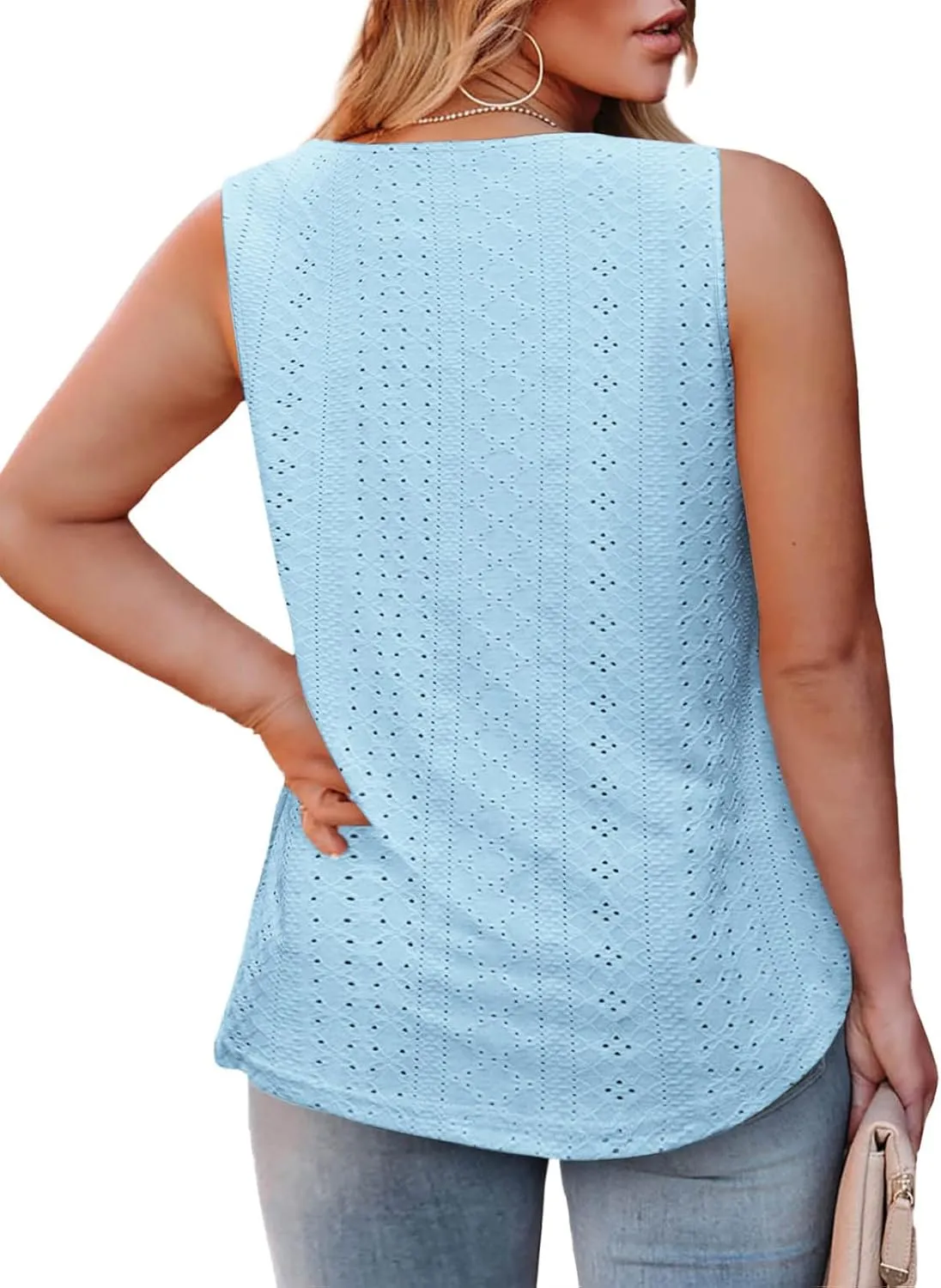 ROSRISS Womens-Plus-Size-Summer-Tank-Tops Cute V Neck Shirts Trendy Eyelet Sleeveless Blouses Casual Loose Tunics Tee XL-5XL