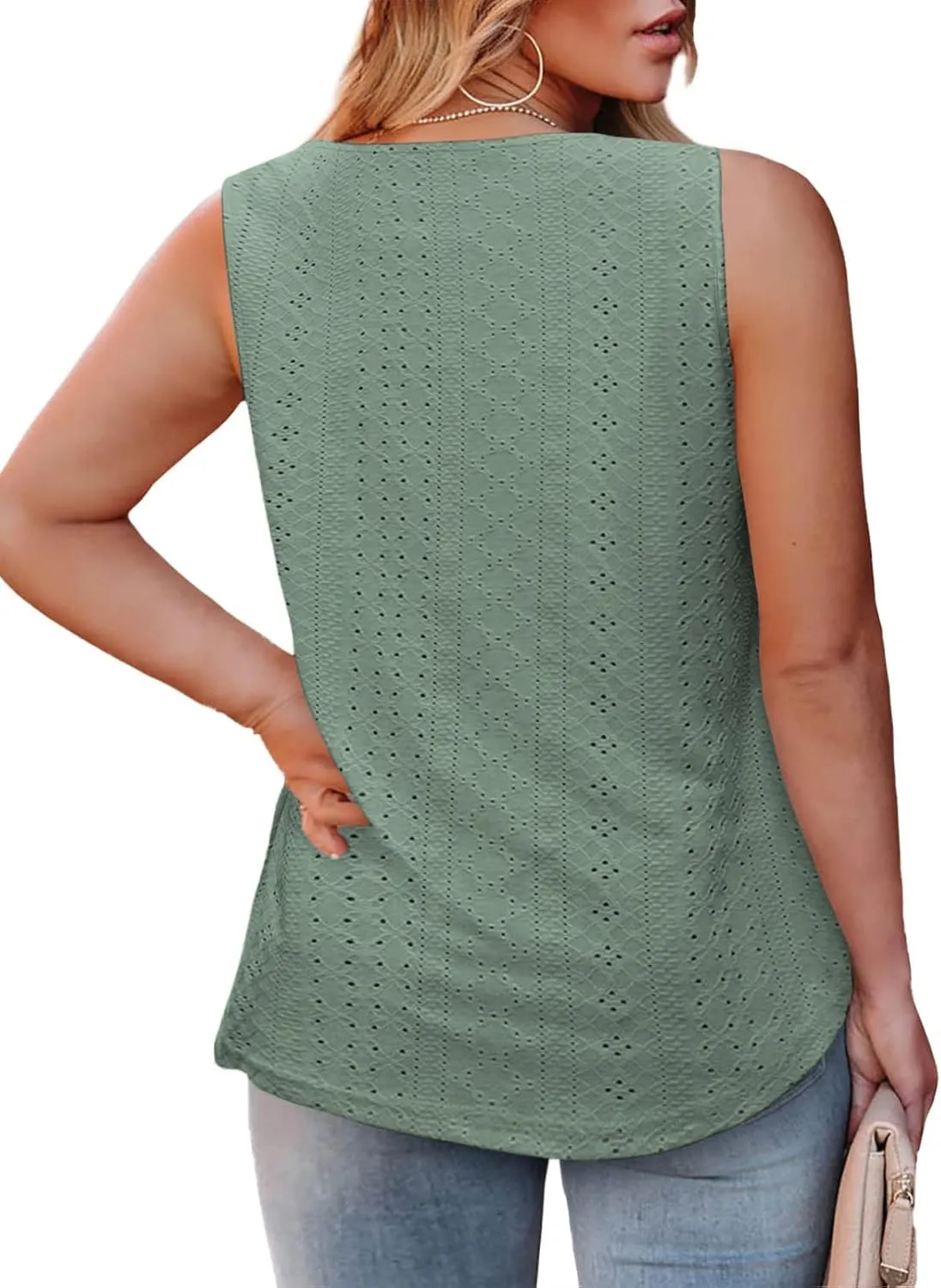 ROSRISS Womens-Plus-Size-Summer-Tank-Tops Cute V Neck Shirts Trendy Eyelet Sleeveless Blouses Casual Loose Tunics Tee XL-5XL