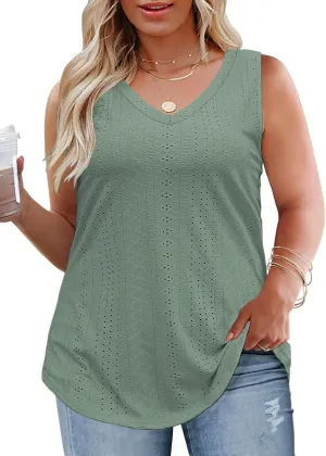ROSRISS Womens-Plus-Size-Summer-Tank-Tops Cute V Neck Shirts Trendy Eyelet Sleeveless Blouses Casual Loose Tunics Tee XL-5XL