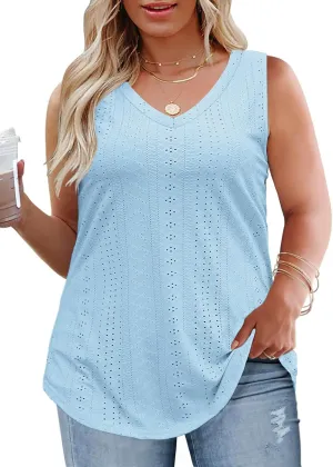 ROSRISS Womens-Plus-Size-Summer-Tank-Tops Cute V Neck Shirts Trendy Eyelet Sleeveless Blouses Casual Loose Tunics Tee XL-5XL