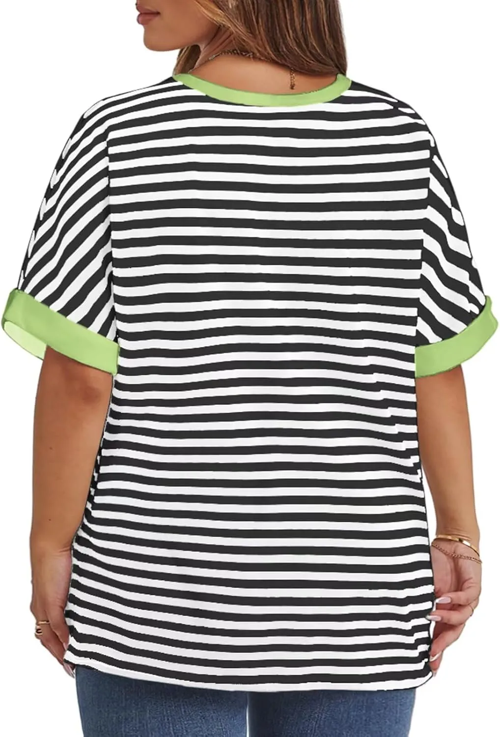 ROSRISS Womens-Plus-Size-Tops Summer Striped Short Sleeve Casual Crewneck Oversized T Shirts Trendy Color Block Basic Tunics