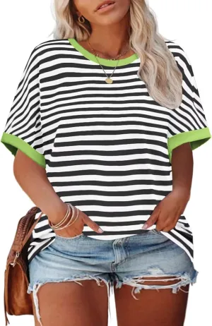 ROSRISS Womens-Plus-Size-Tops Summer Striped Short Sleeve Casual Crewneck Oversized T Shirts Trendy Color Block Basic Tunics