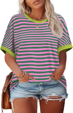 ROSRISS Womens-Plus-Size-Tops Summer Striped Short Sleeve Casual Crewneck Oversized T Shirts Trendy Color Block Basic Tunics